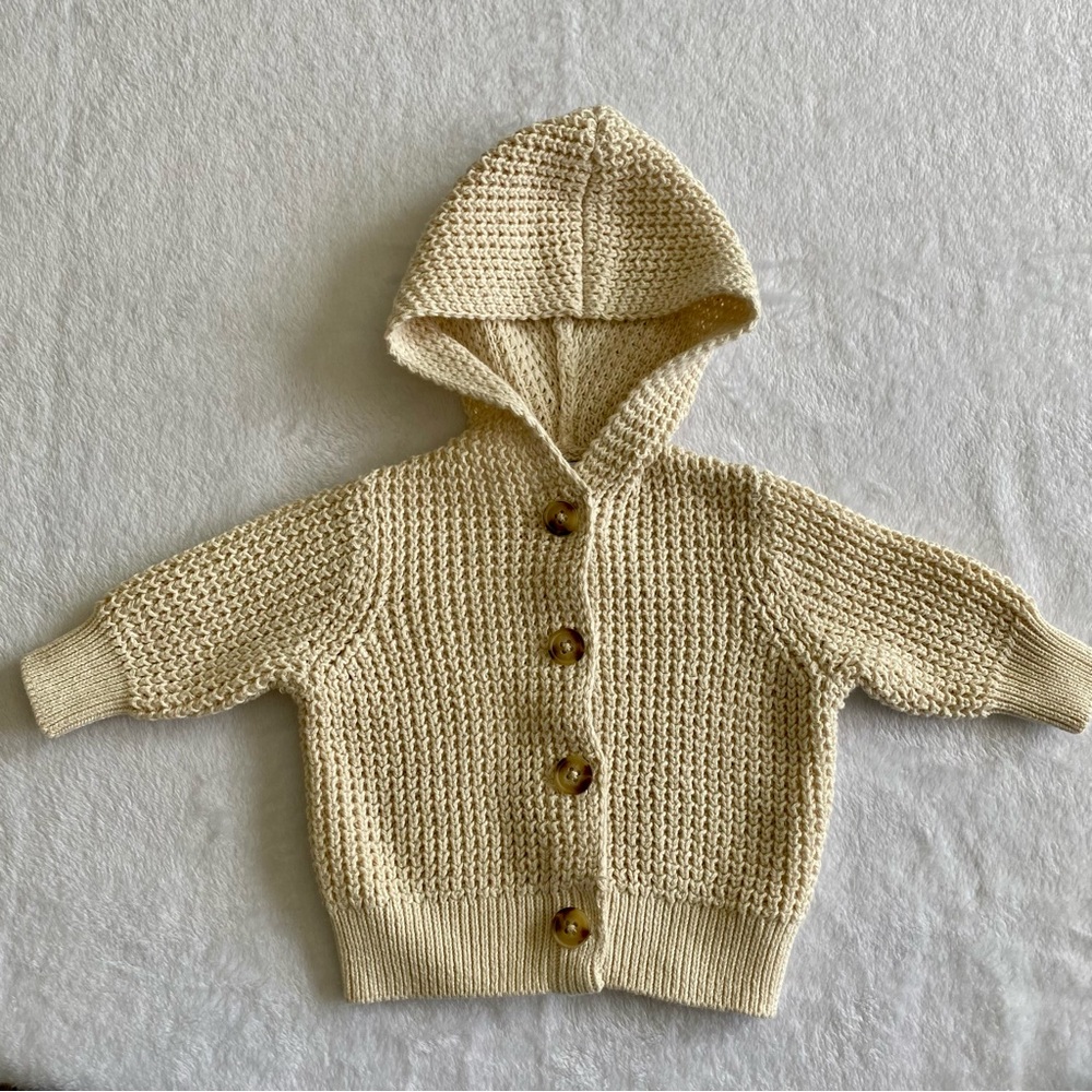 Cream Knit Hooded Button-Up Sweater for Kids